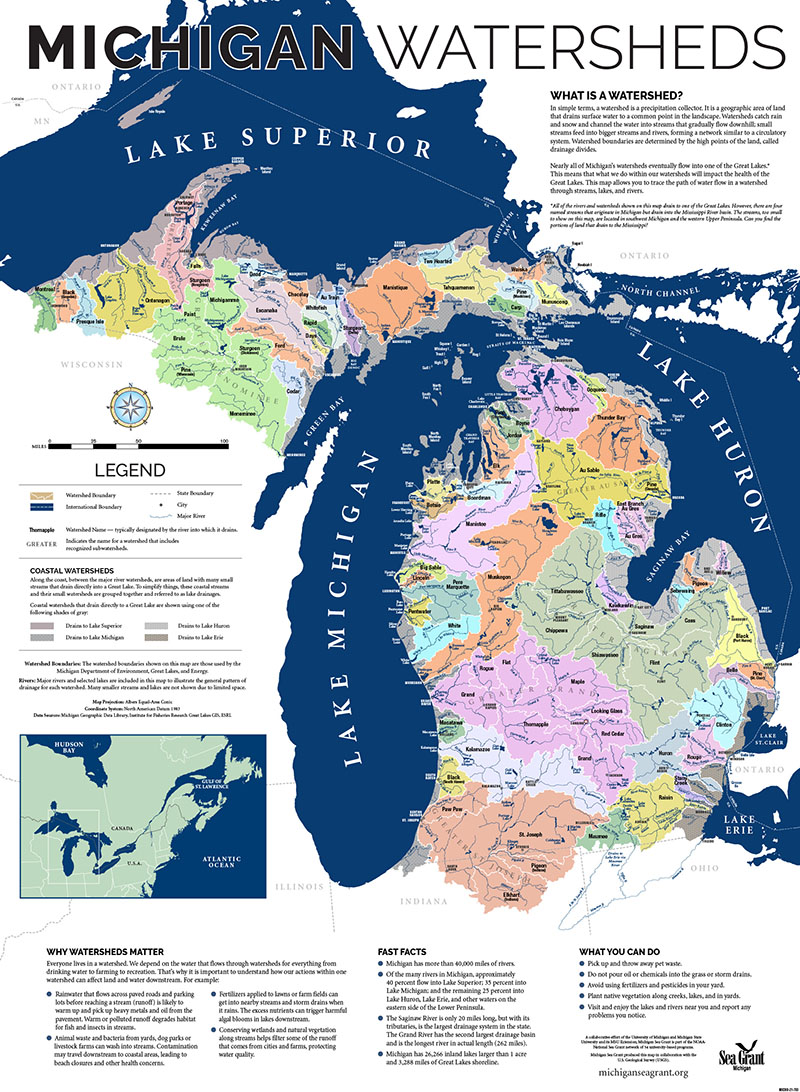 Watershed map of Michigan, illustrating the vast and interconnected system of Great Lakes and inland water bodies.